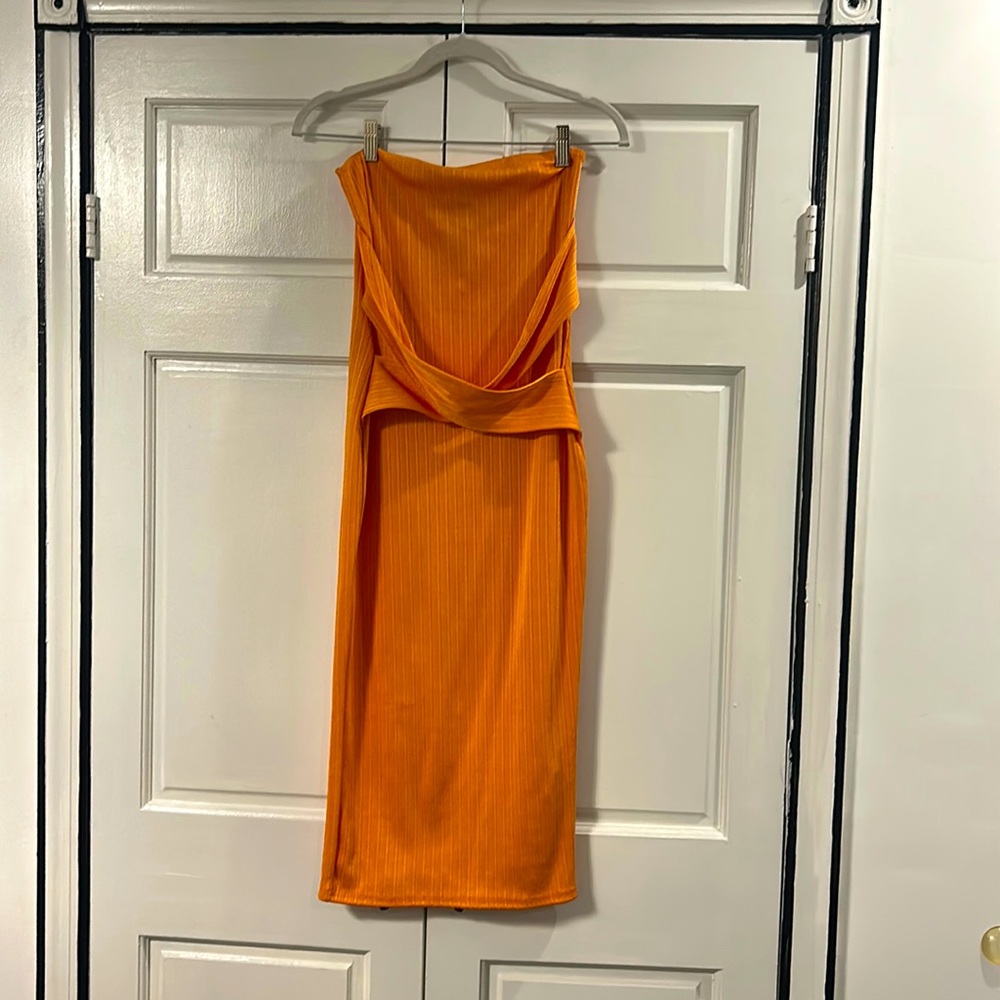 Missguided Orange strapless front bandeau midi dress NWT